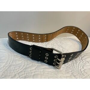 Black Genuine Leather Grommet Double Row Belt Silver Buckle Women Size 34